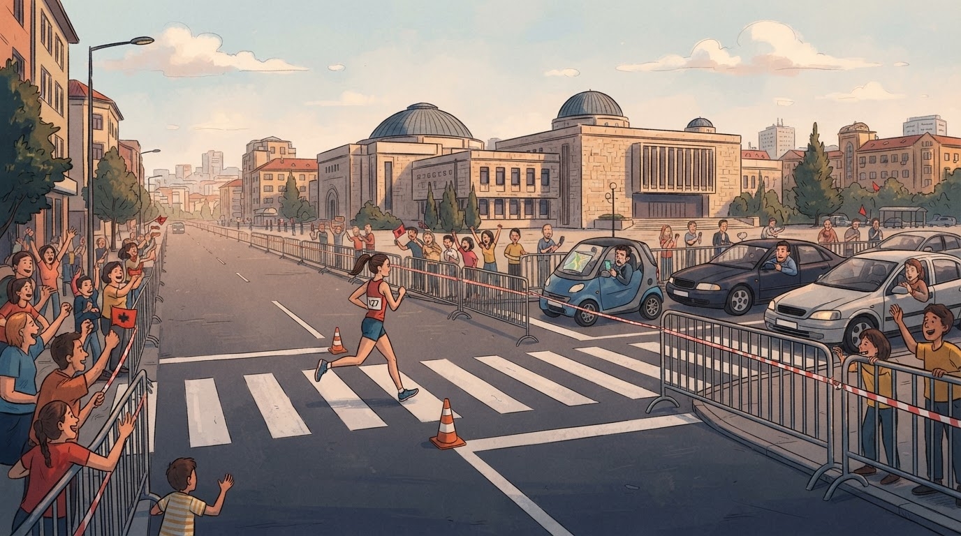 Vrapues në rrugë bosh të Prishtinës, spektatorë me duar në ajër, stil karikaturë pa tekst