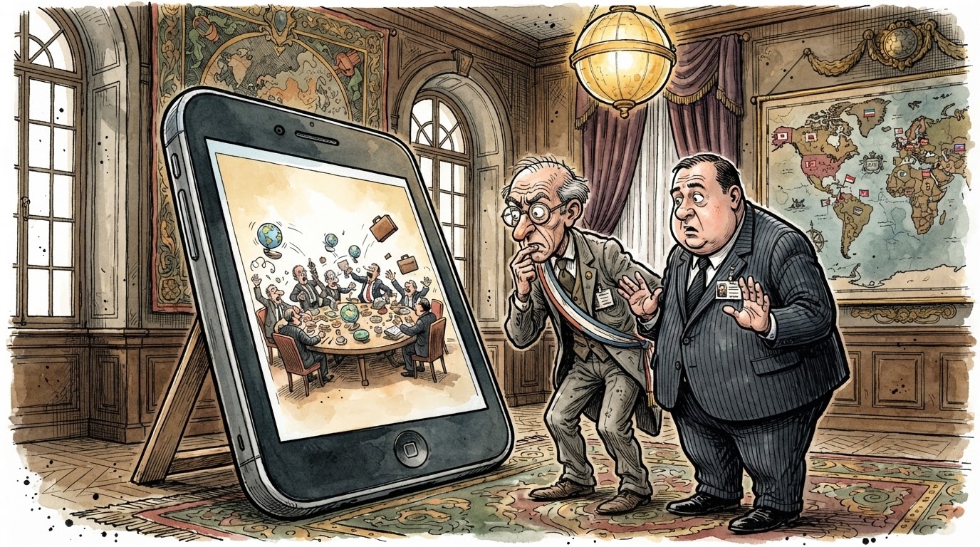 Dy te rritur qe ndajne nje foto te gjate ne nje telefon, sfond i nderteses diplomatike ne Nju Jork, stil karikature pa tekst