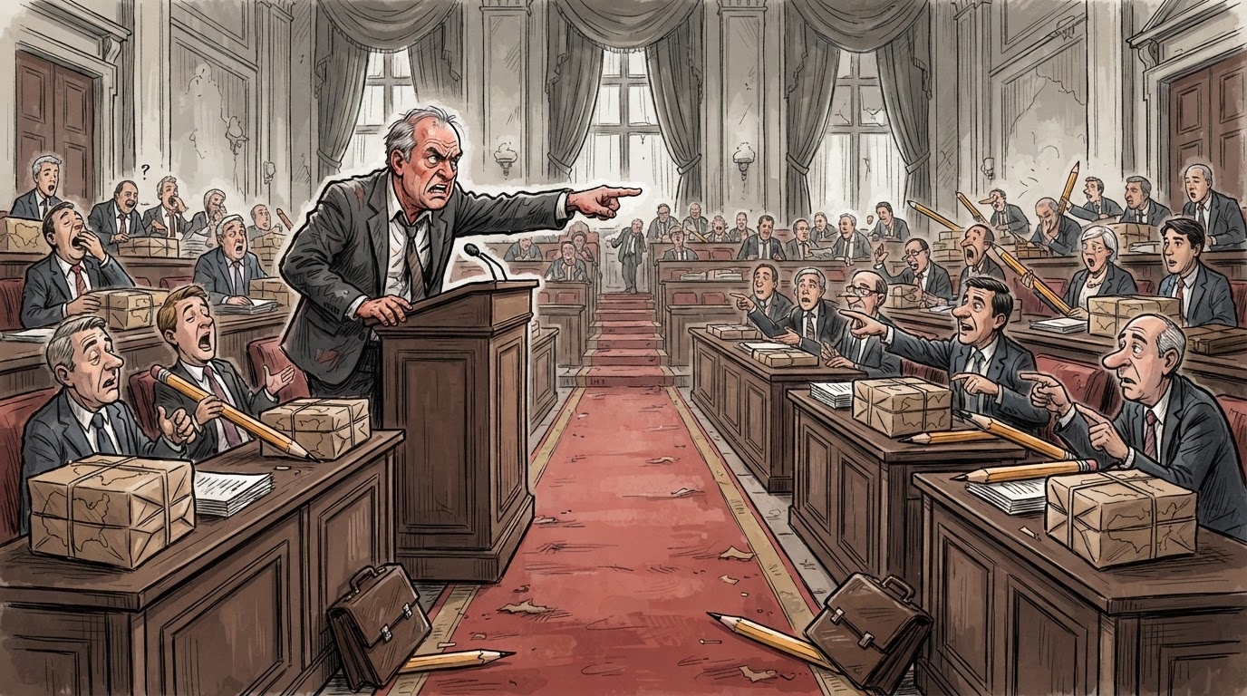 Kryeministri ne podium me grusht te ngritur duke i drejtuar fjalim 83 deputeteve te mbledhur ne sallen e grupit parlamentar, stil karikature pa tekst