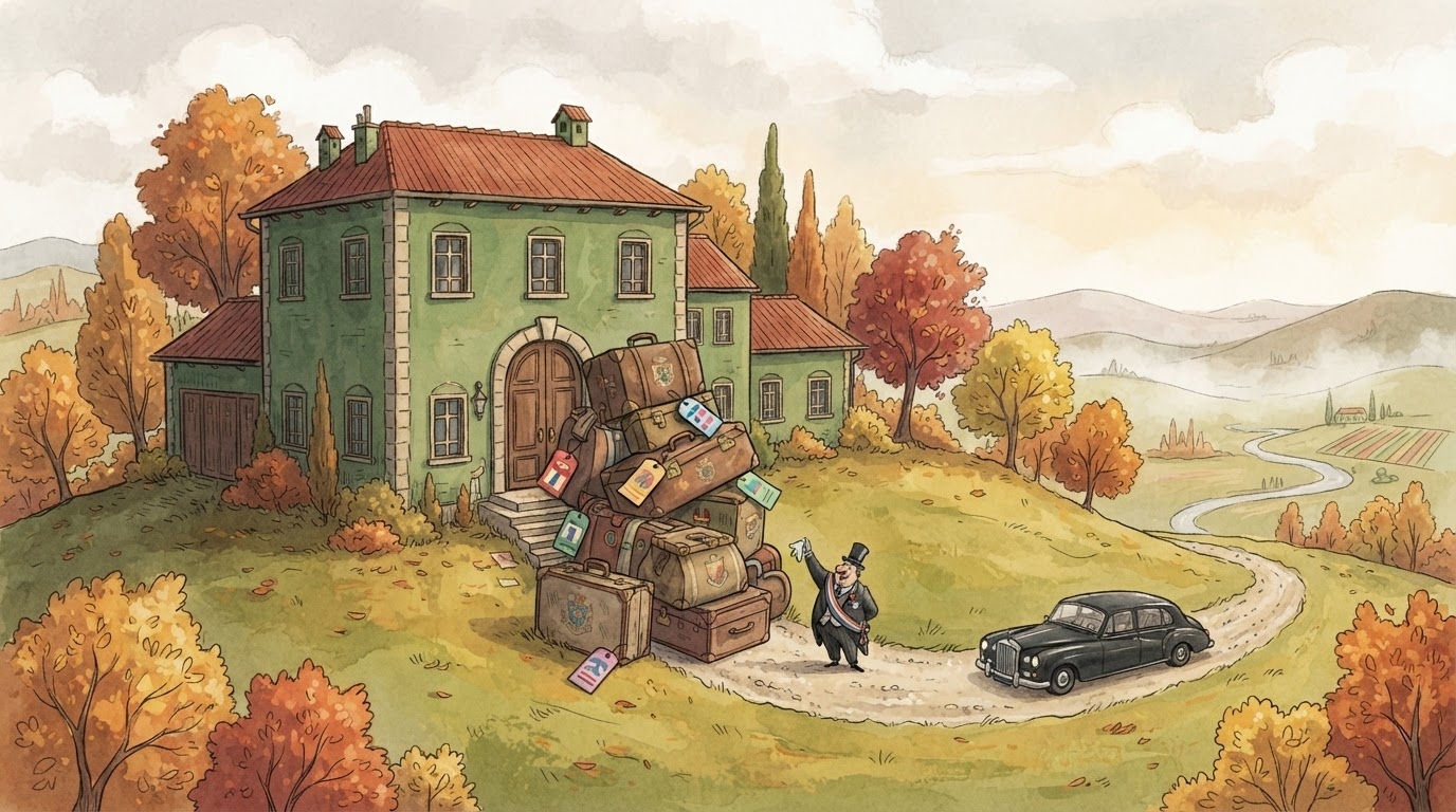 Vilë e gjelbër në një kodrinë me tabelë boshe, valixhe të mëdha diplomatike, stil karikaturë pa tekst