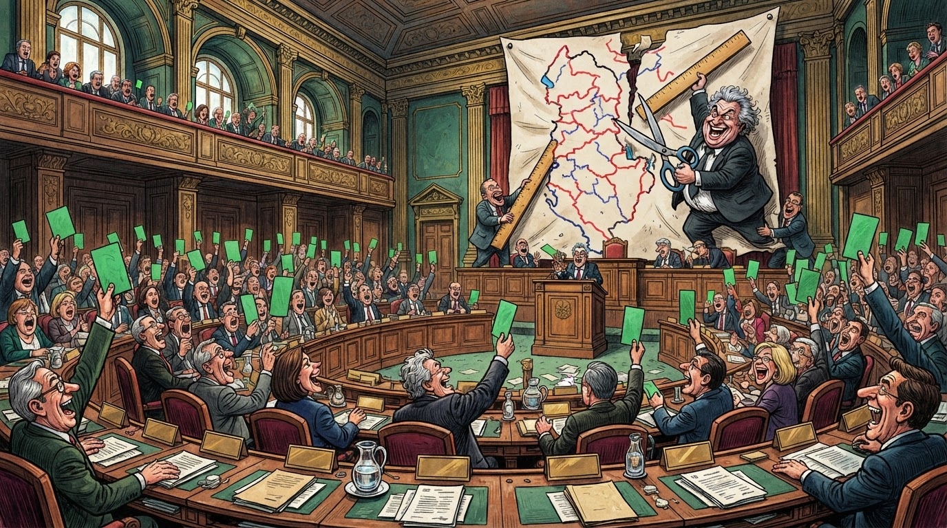 Salle e Parlamentit te Shqiperise me dhjetra deputete qe ngrene kartonat jeshile per votim, ekran i madh me hartën e Shqiperise me ngjyra te reja administrative, stil karikature pa tekst