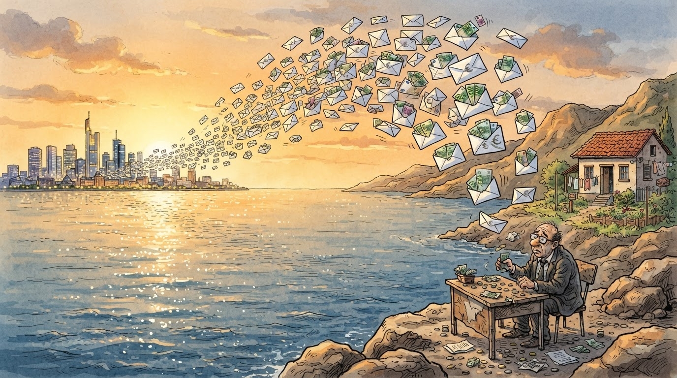 Zarfe dhe monedha euro që kalojnë një kufi imagjinar, stil karikaturë pa tekst