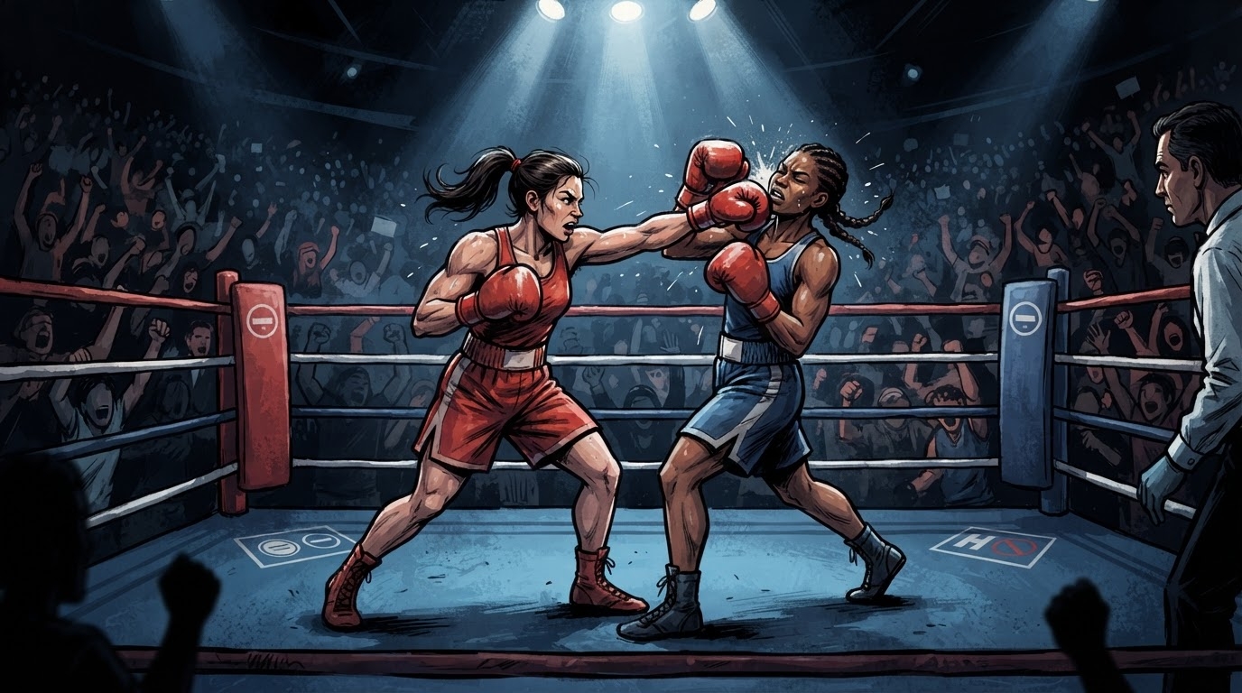Dy boksiere në një ring ndriçuar me doreza të kuqe, turmë spektatorësh, stil karikaturë pa tekst