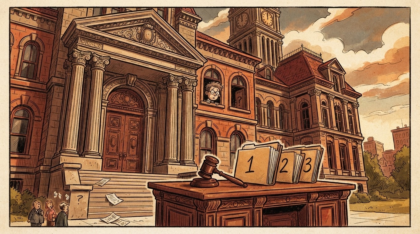 Ndërtesë e gjykatës me një gjyqtar duke lëshuar letër, dy dosje të hapura mbi tavolinë, person i paqartë në sfond, stil karikaturë pa tekst