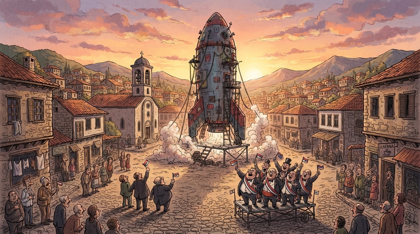 Raketë gjigante në një shesh të vogël fshati me ministrat që valëvizin flamuj të vegjël, stil karikaturë pa tekst