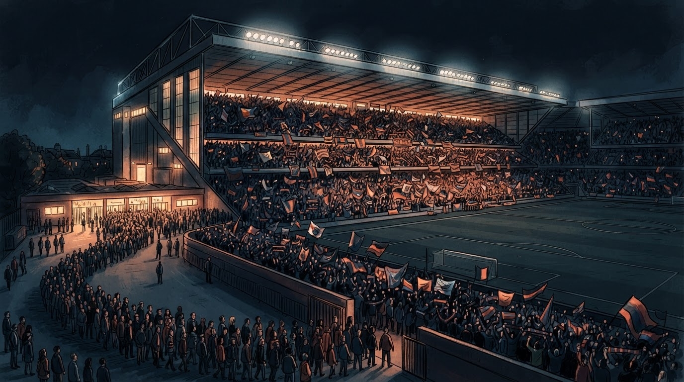 Stadium futbolli nën dritë, tribunë plot, stil karikaturë pa tekst