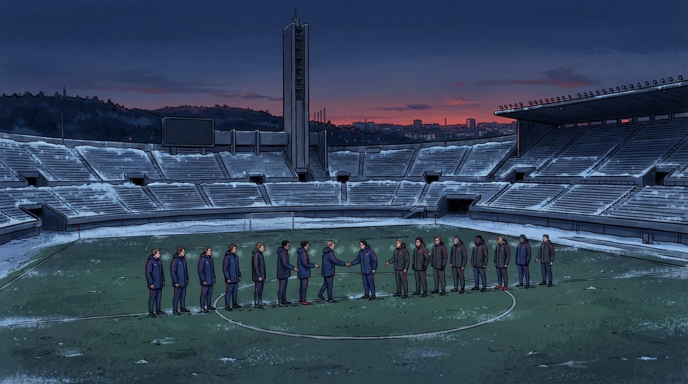 Stadium i madh futbolli ne Helsinki me dy ekipe ne formacion, tribunat pothuajse te mbushura, diell i ftohte verior, stil karikature pa tekst