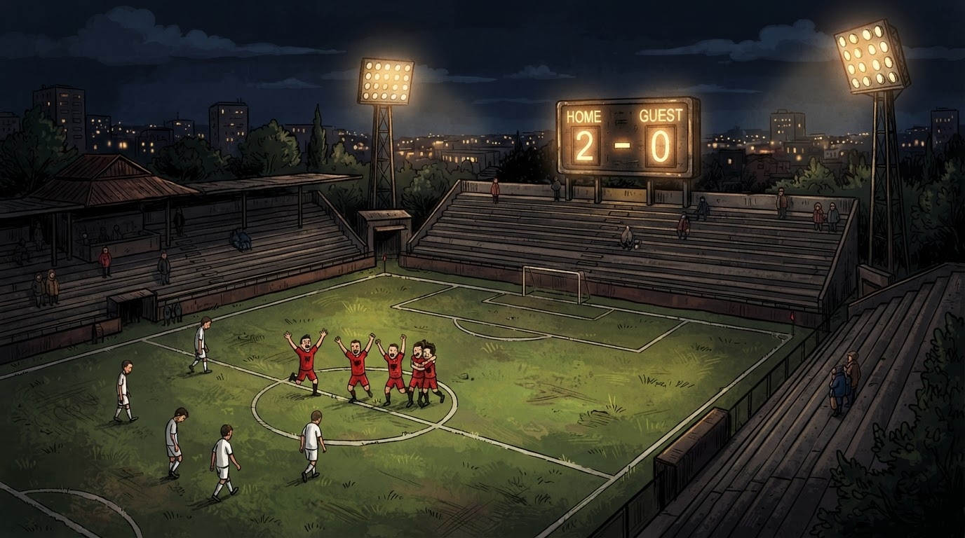 Stadium i vogel ne nete me ekip ne te kuqe me shoke qe feston me duar lart, tribunat pothuajse bosh, stil karikature pa tekst