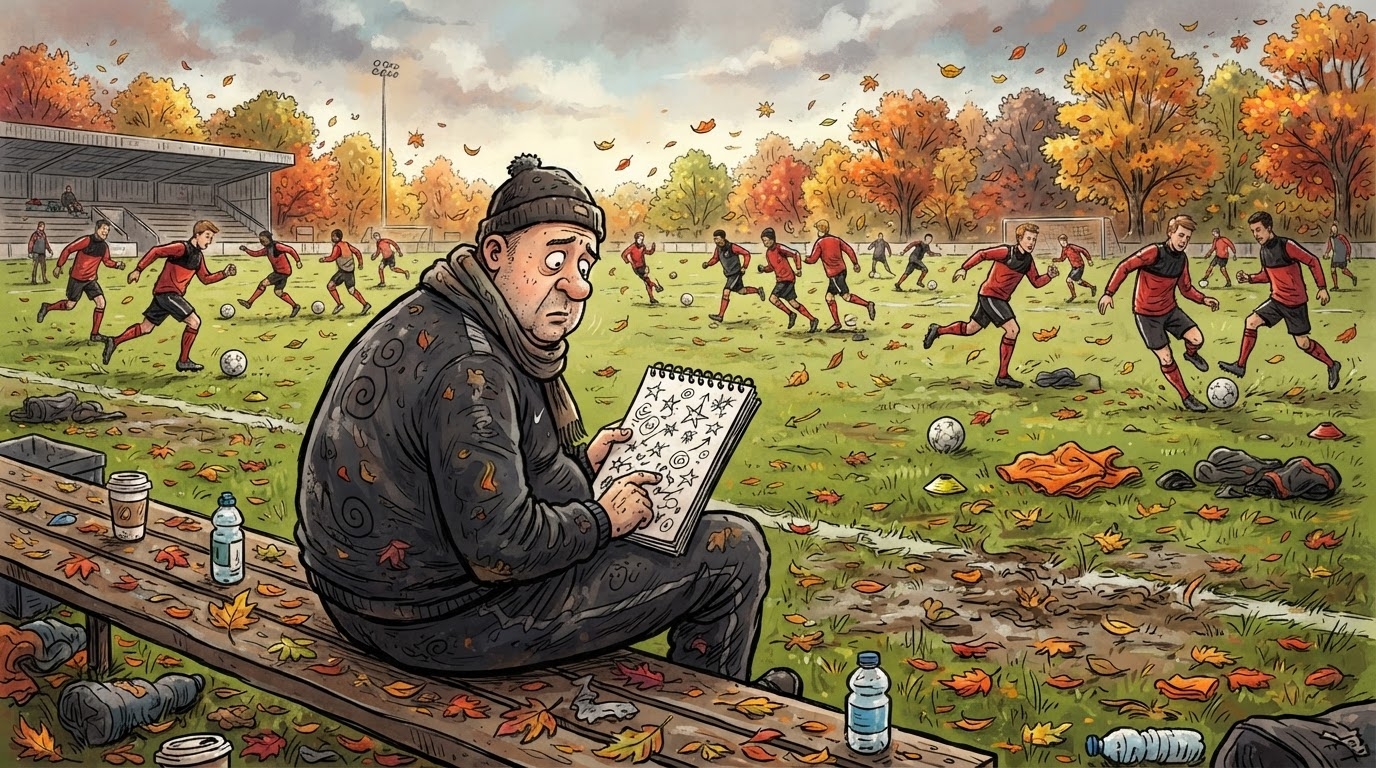 Ekip futbolli shqiptar ne fushë, trajner me bllok shënimesh ne bankinë, stil karikaturë pa tekst