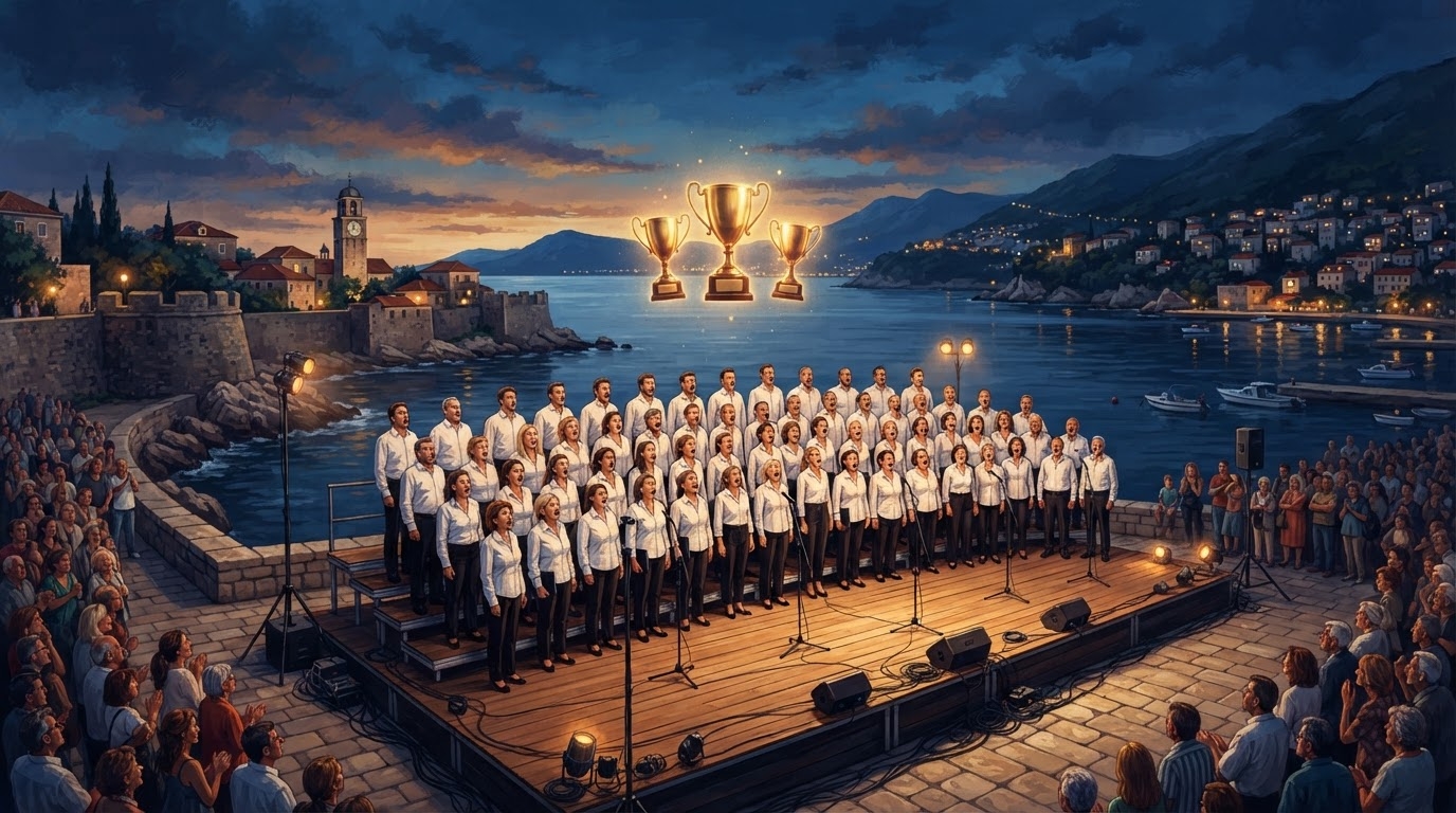 Kor në skenë bregdetare në Herceg Novi me tre kupa të arta mbi kokat e këngëtarëve, stil karikaturë pa tekst