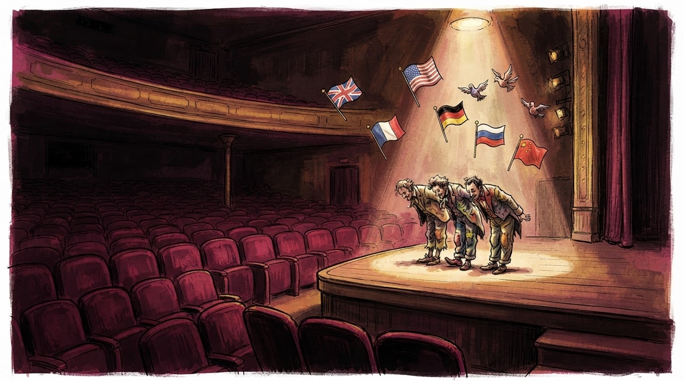 Skenë teatri me dritë të ngrohtë dhe karrige bosh, stil karikaturë pa tekst