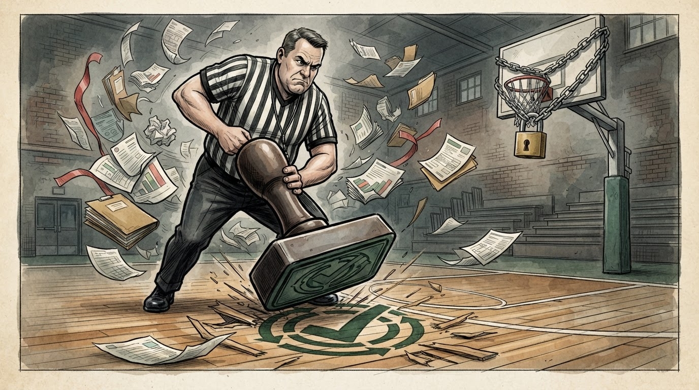 Gjyqtar basketbolli duke vulosur me vulë gjigante një fushë të vogël basketbolli