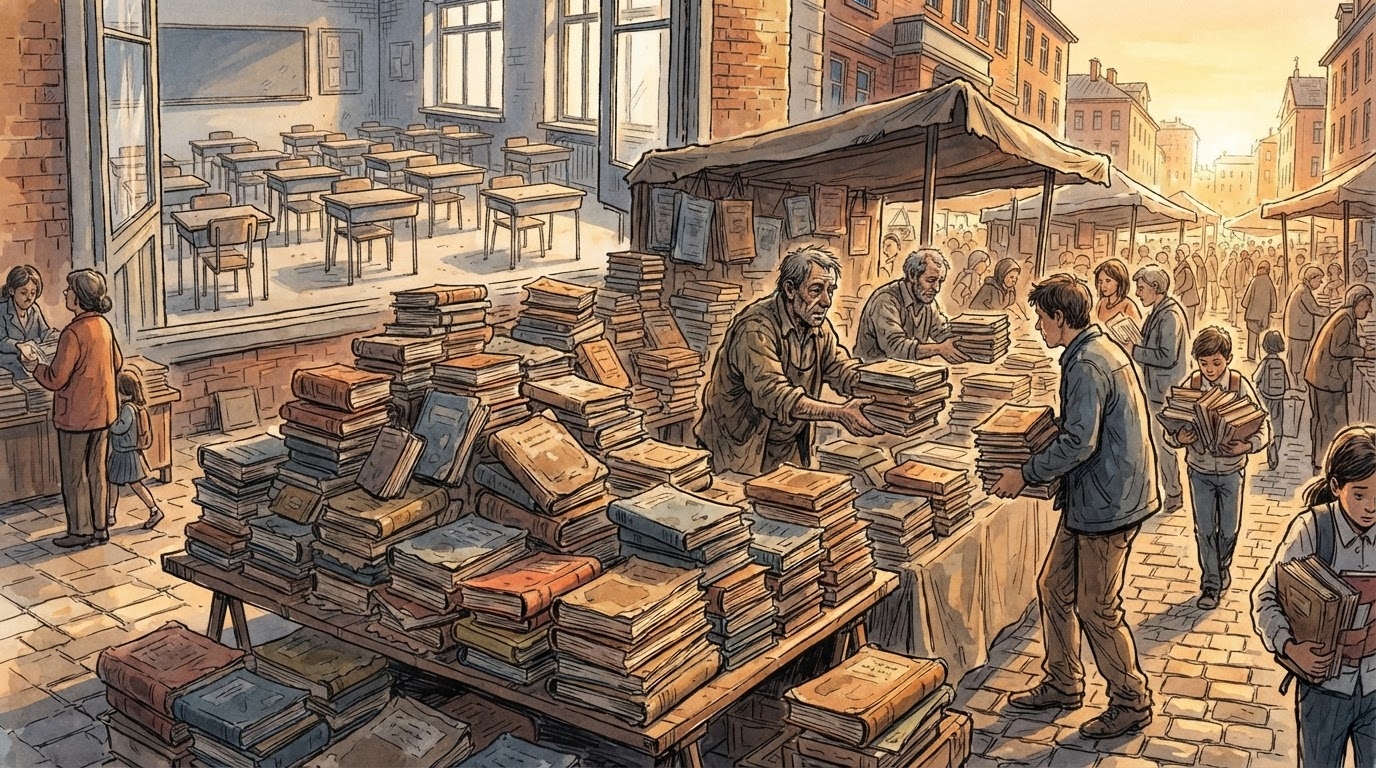 Pirg librash shkollorë të vjetruar, të vendosur në një çantë tregtare, ndërsa nxënës në sfond presin bosh pranë bankave
