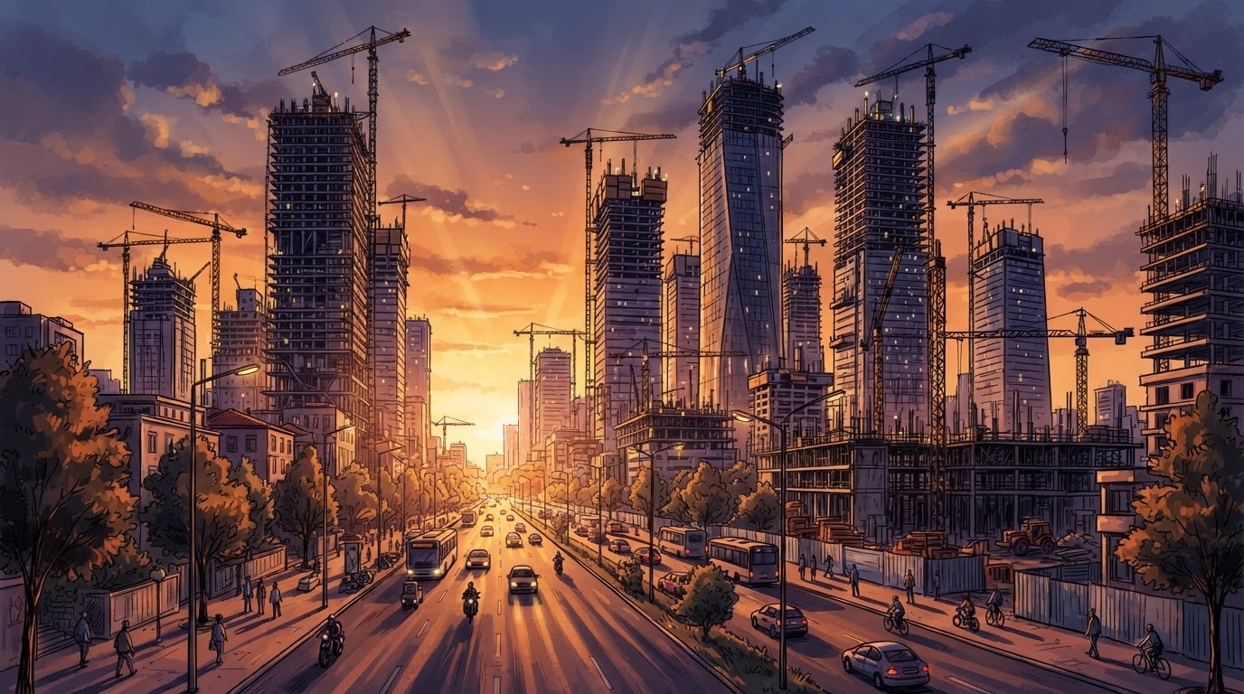 Bulevardi i Tiranes me disa kulla gjigante mbyllese qe kaplojne horizontin, makina te vogla ne rruge qe duken si lodra, qiell i verdhe ne perendim, stil karikature pa tekst