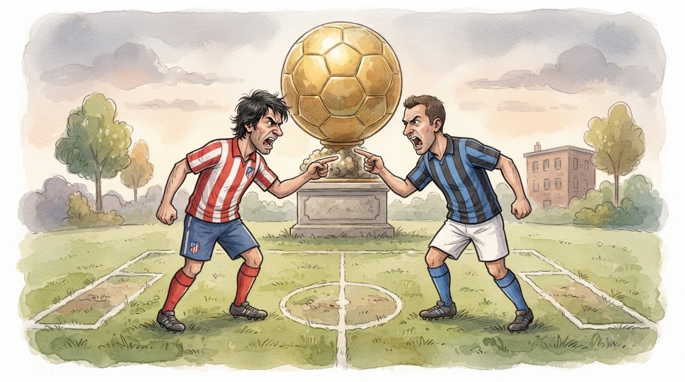 Dy futbollistë në fushë me bluza të ndryshme që tregojnë gishtin lart, stil karikaturë pa tekst