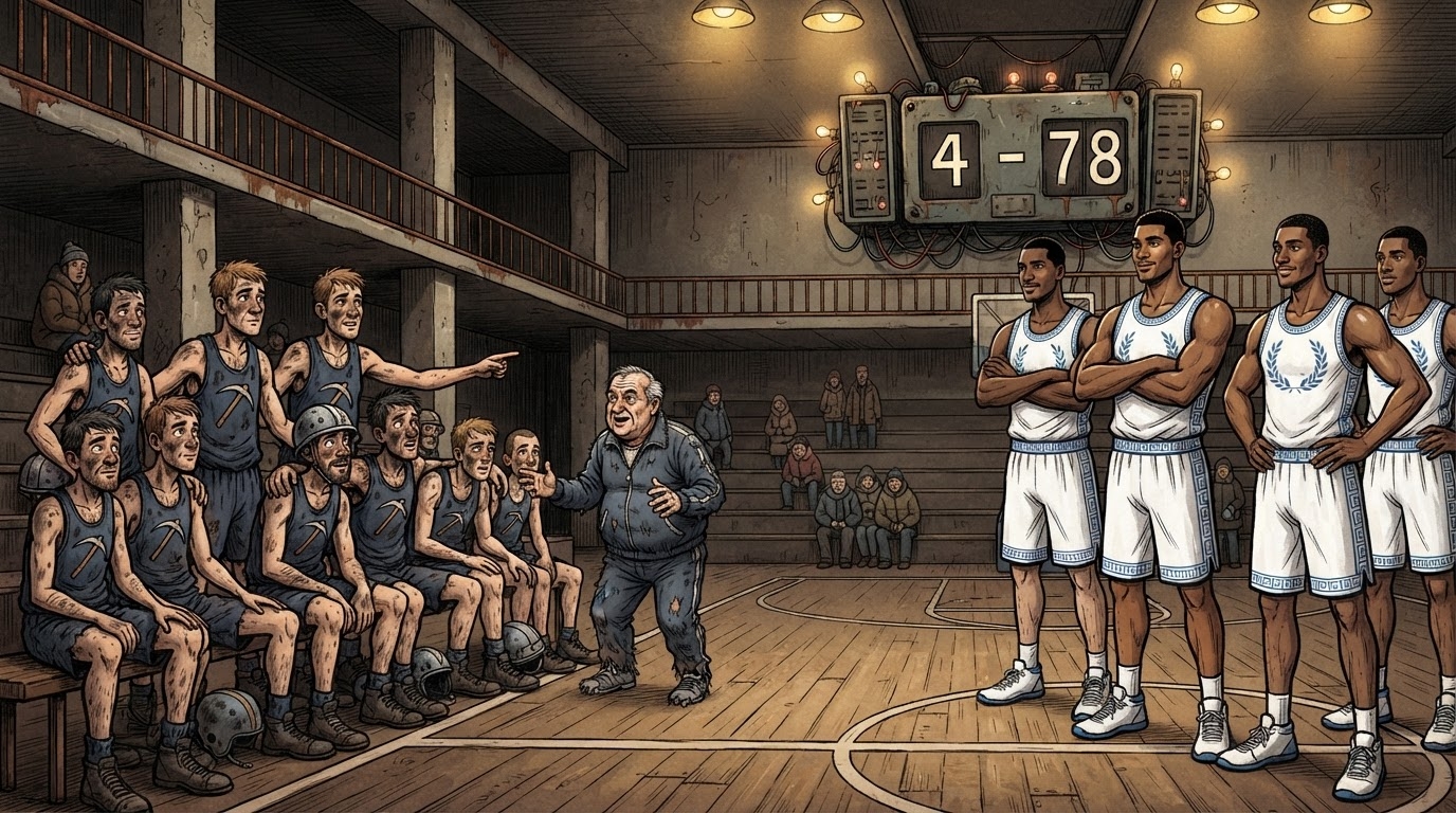 Palester basketbolli e ndriçuar me Xehetaret ne blu dhe Promitheas-in ne bardhe, pakk tifoza ne tribuna, stil karikature pa tekst