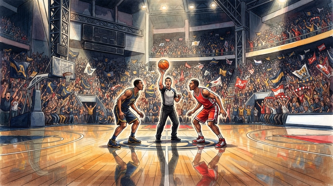 Palestër basketbolli me dy ekipe, stil karikaturë pa tekst