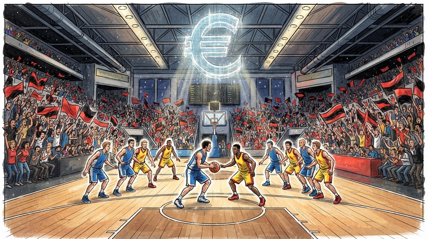 Palestër basketbolli e ndriçuar me dy ekipe ne formacionin fillestar, tifoze ne tribunat me ngjyra kuq e zi, stil karikature pa tekst