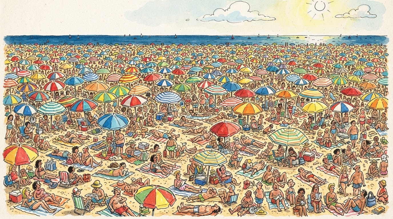Plazh i mbushur me çadra dhe turistë pranë detit, stil karikaturë pa tekst