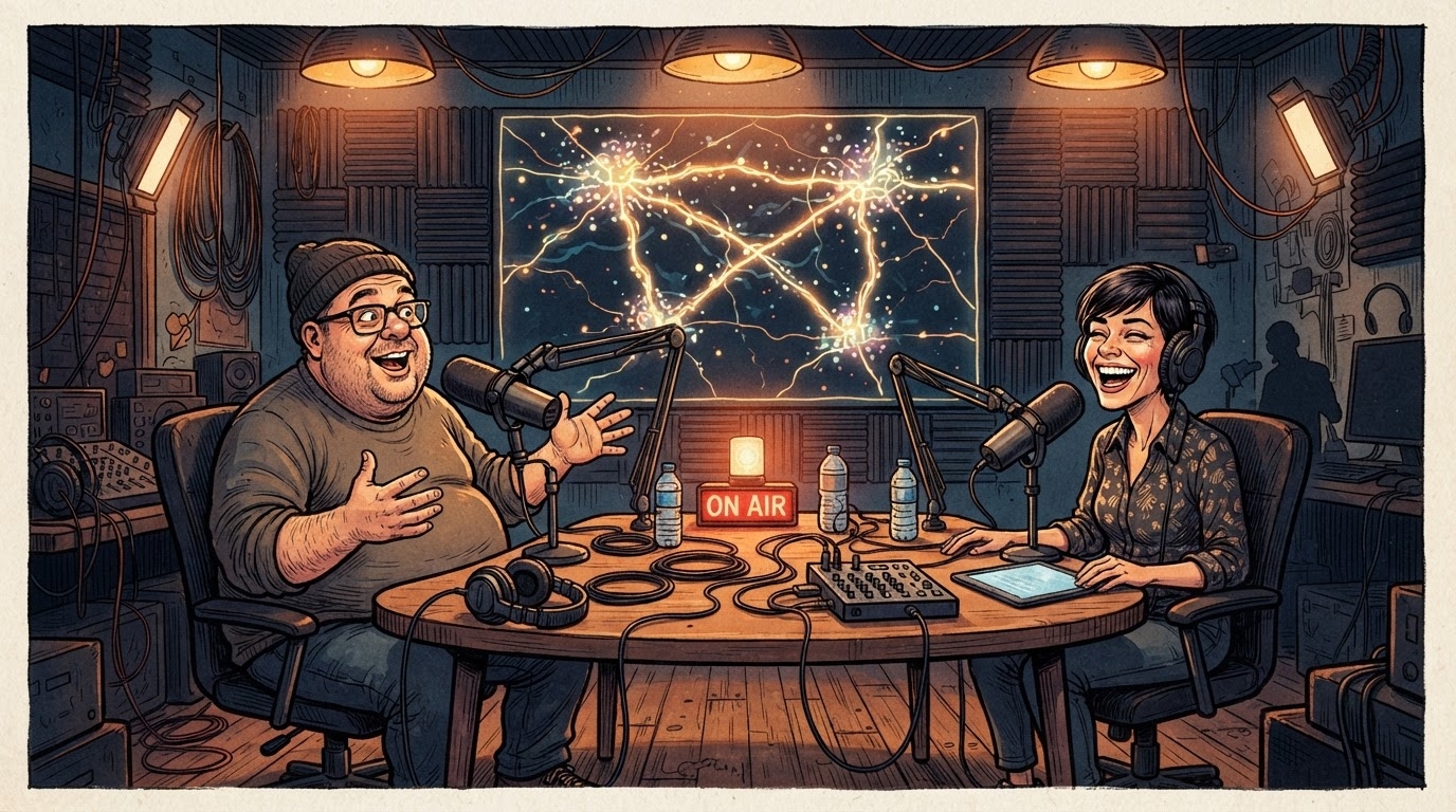 Studio podcasti moderne me mikrofona te medhenj, harta abstrakte e katër qyteteve ne sfond