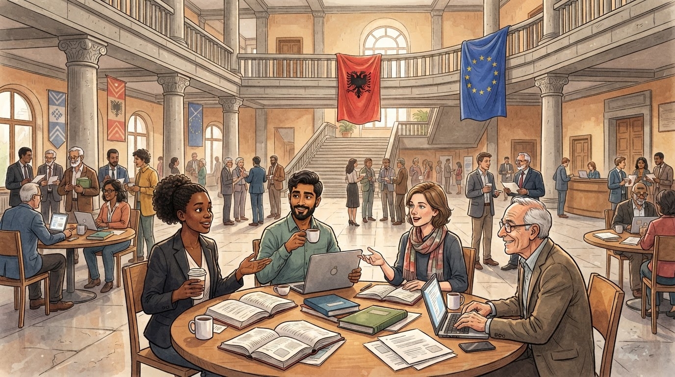 Holli i Universitetit te Prishtines me grupe vizitoresh nga vende te ndryshme, flamuj te shumte ne mur, kafe dhe libra ne tryezat e rrumbullaketa, stil karikature pa tekst