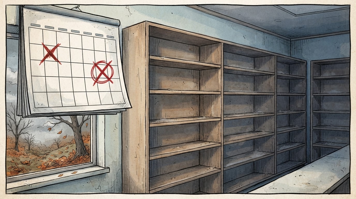 Raft i farmacise me kuti te bardha dhe nje kalendar gjigant me date 21 tetor te shenuar me te kuqe, stil karikature pa tekst