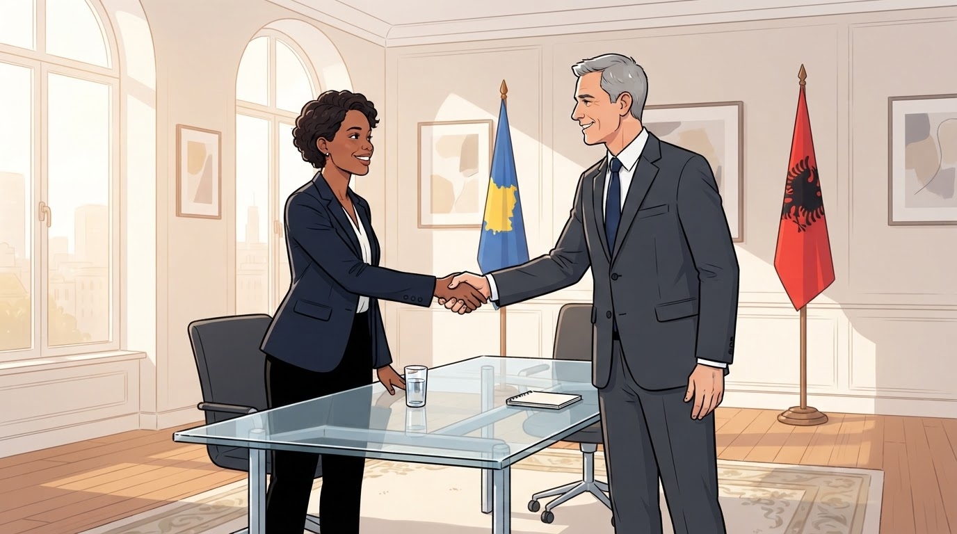 Dy perfaqesues qe shtrengojne duar perballë hartës së Ballkanit Perëndimor, stil karikaturë pa tekst