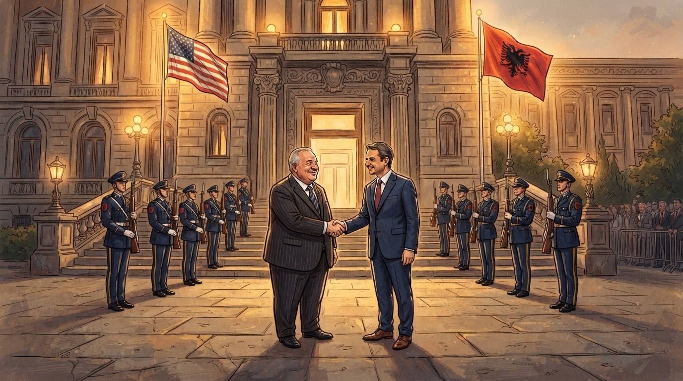 Pallat institucional me dy persona duke u përshëndetur, gardë, flamuj të dy vendeve, stil karikaturë pa tekst