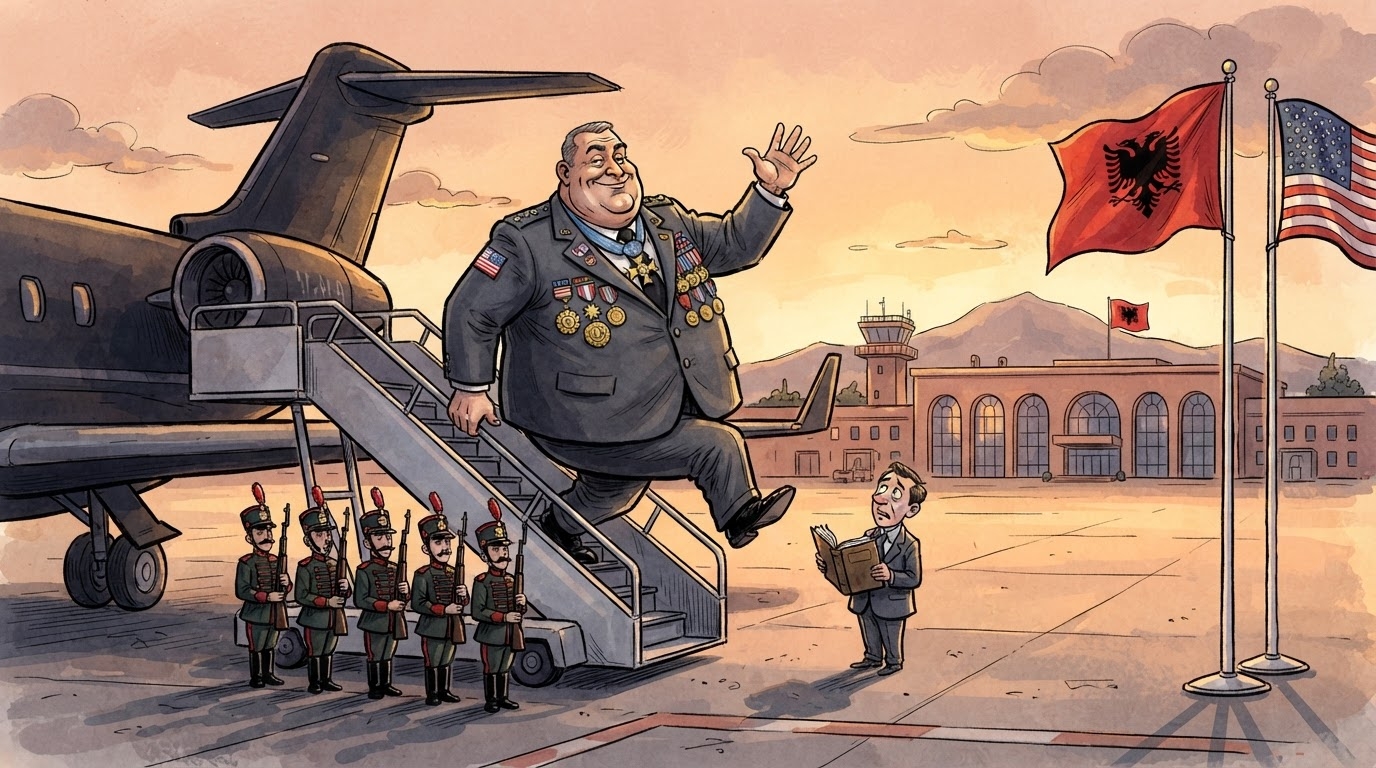 Avion diplomatik në aeroportin e Tiranës, figurë ambasadori me kostum të errët, flamuj amerikan dhe shqiptar, stil karikaturë pa tekst